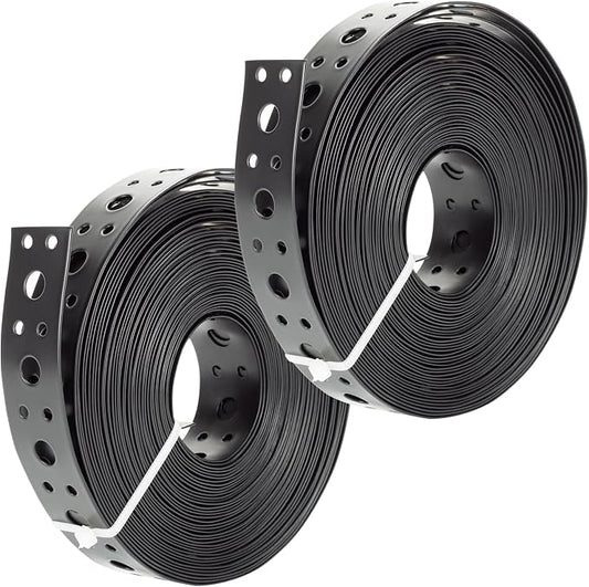 2Pack Metal Strap 1-Inch x 33FT 0.6mm Thickness for Pipe Support Pipe Hanger Strap Metal Strapping with Holes Black