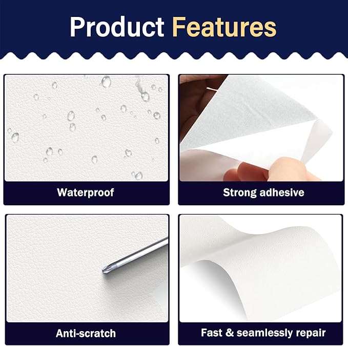 Zenyao Leather Repair Patch Tape - Self Adhesive Leather Repair Kit for Car Seat Furniture, Heavy Duty Vinyl Repair Patch for Couch Sofa, Waterproof for Rips Scratches Tears, 3x60 Inch Roll, White