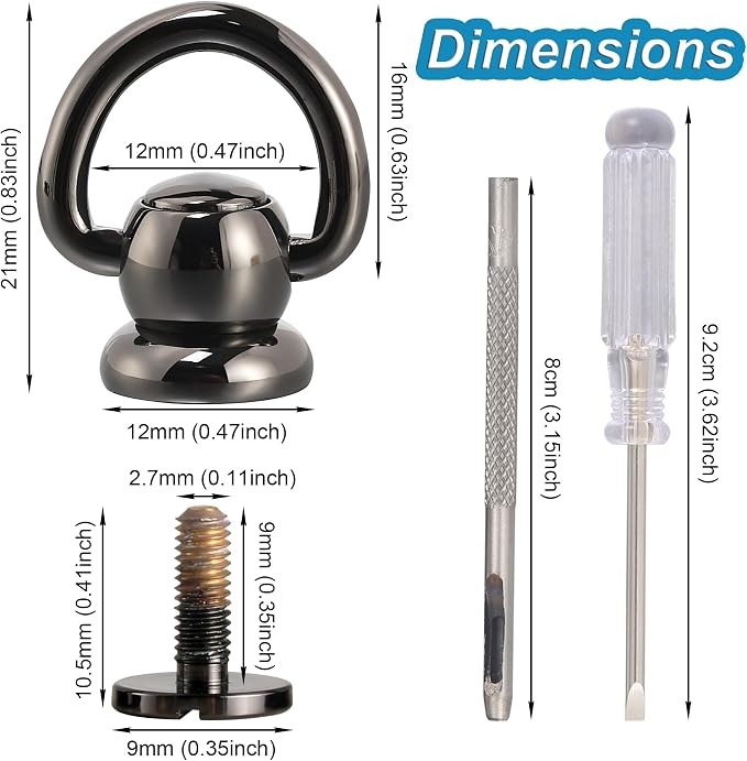 Notgia 4Pcs D Rings for Purse Brass Rivets for Leather Rotatable Purse Strap Hardware Ball Button Studs for Handbag D Rings Chicago Screws for Repair Purse Dog Collar Leather Crafts (Black)