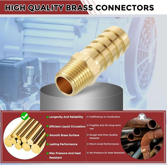 Pack of 4 Brass Hose Barb Fittings Adapter Connector 1/2" Hose Barb to 1/4" NPT Male Fittings for Home Machines, Massage Bathtubs, and Irrigation Systems