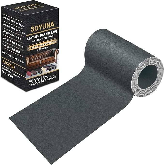 Self Adhesive Leather Repair Patch, Leather Patches for Furniture, Leather Repair Tape for Couch Sofa Car Seat Chair Furniture Repair, Leather Repair Kit (Grey-Litchi Grain, 3.5X60 Inch)