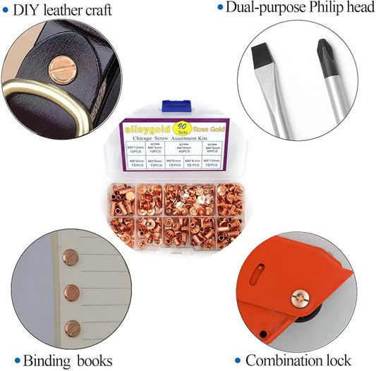 90 Sets Rose Gold Chicago Screws Leather Assorted Kit ，6 Sizes of Screw Rivets for Leather Rivet for DIY Leather Craft and Bookbinding (M5 X 4, 5, 6, 8, 10, 12)
