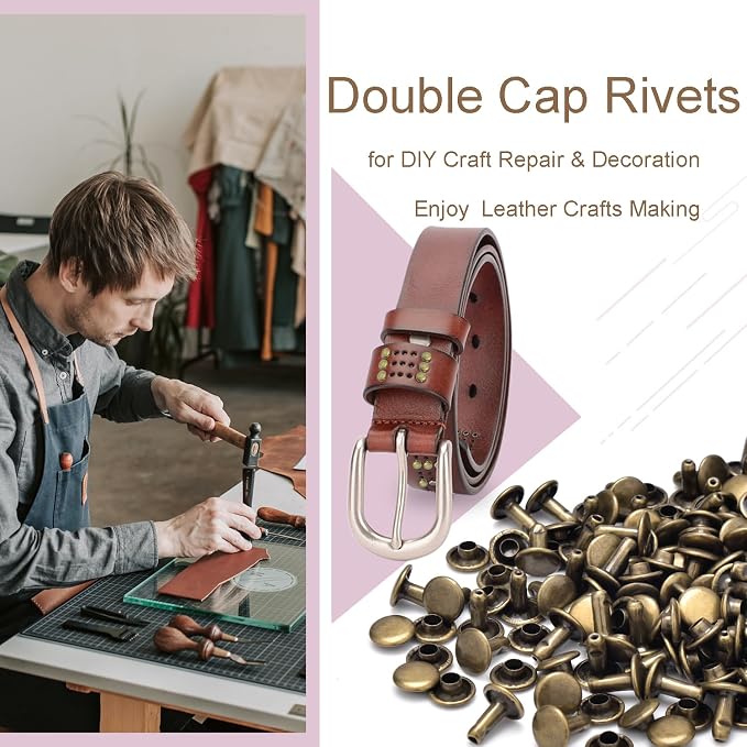 200Sets 8mm Round Double Caps Leather Rivets Metal Tubular Studs for Bags Hats Shoes Clothing Leather DIY Craft Repair and Decoration (Bronze)