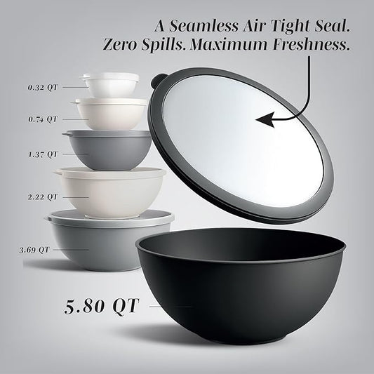 COOK WITH COLOR Mixing Bowls with TPR Lids - 12 Piece Plastic Nesting Set includes 6 Prep and Lids, Microwave Safe Bowl (Black Ombre)