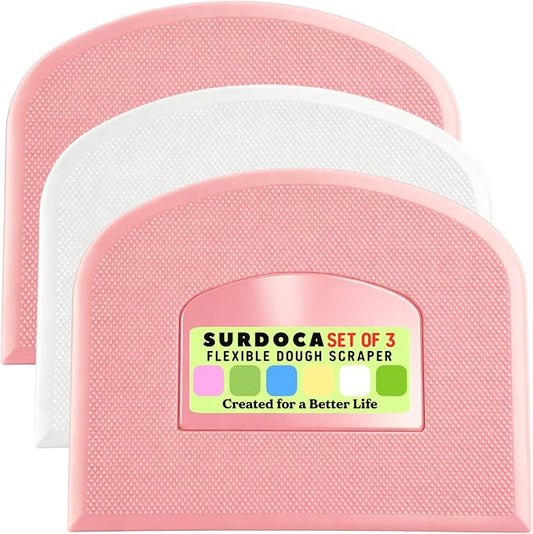 SURDOCA Dough Scraper Bench Scraper - 3P 14.2x8.5" Plastic Flexible Bowl Scraper, Sharp Edge & Angles Cake Scraper. Non-Slip Bakeware Decorating Tools Sculpting & Modeling Tools - Pink+White+Pink