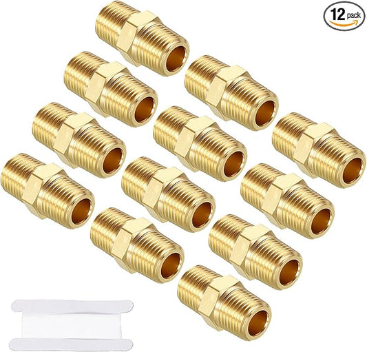 Pack of 12, 1/8" MNPT to 1/8" MNPT Solid Brass Hex Nipple Hose Connector W/Sealing Tape, Male Pipe Adapters for Pipe Leak Repair, Bathroom Remodeling, Tool Extensions, Compression