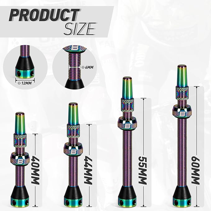 BWSHLF Tubeless Presta Valve Stem 40/44/55/60/65/80/100 mm, Super Light Alloy Presta Valve Stem Kit with Valve Core Remover Tool and Valve Stem Caps - Multiple Color and Size Options(Pair)