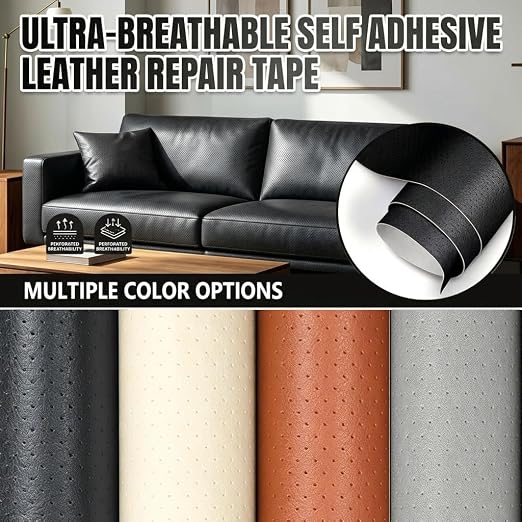Qextce Perforated Leather Repair Patch Tape, Beige, 8x100 Inch | Breathable, Self-Adhesive, For Furniture, Couches, Car Seats, Office Chairs, Faux Leather & Vinyl Repair Kit
