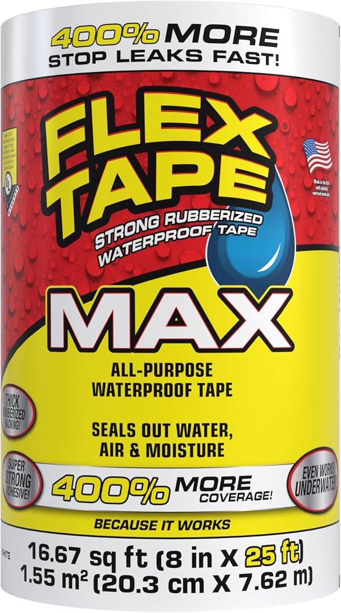 Flex Tape, MAX, Original Thick Flexible Rubberized Waterproof Tape - Seal and Patch Leaks, Works Underwater, Indoor Outdoor - Home RV Roof and Pool Repairs, White, 8 in x 25 ft, Pack of 1