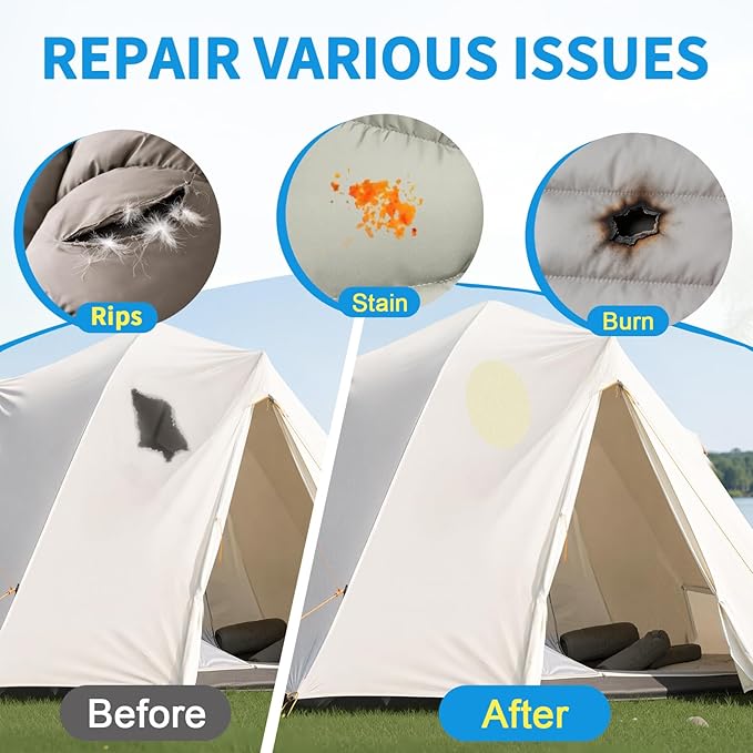 Waterproof Nylon Fabric Repair Tape Tent Repair Kit, 4pcs Outdoor Gear Tenacious Fix Tape, Self-Adhesive Fabric Patches for Clothes, Down Puffer Jacket, Tent, Sleeping Bag, Backpack, White