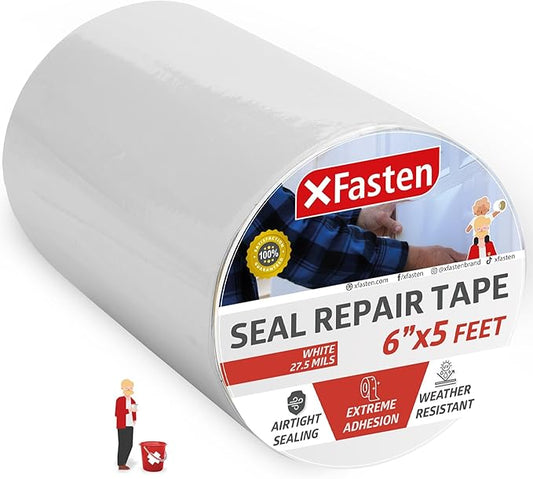 XFasten Waterproof Patch Seal Repair and Leak Shield Tape, White, 6-Inch x 5-Foot, Weatherproof Water Barrier Tape for Chimney, Roof, Boat, and HVAC Hose Repair