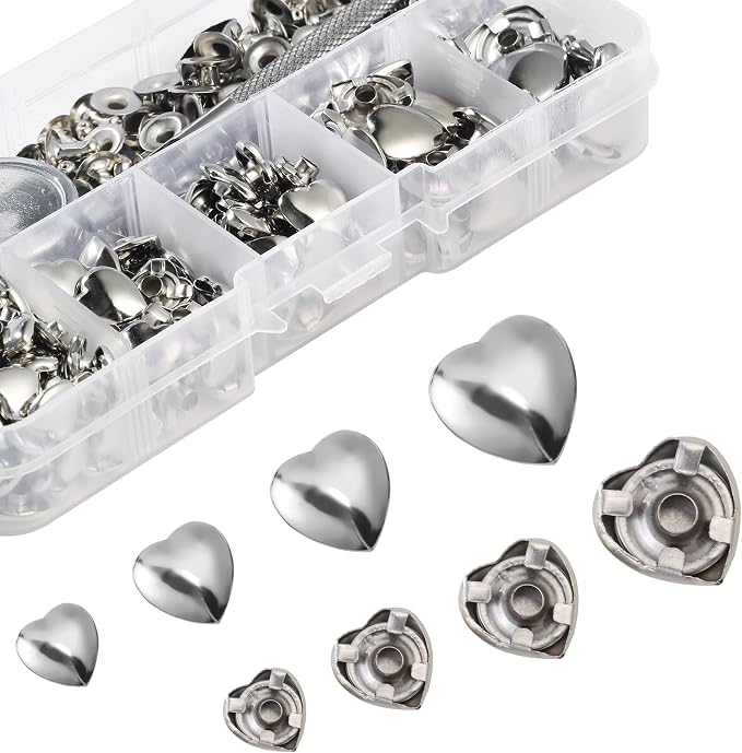 YORANYO 150 Set Mixed Size Rivets Kit - Silver Heart Studs for Clothing, Fabric & Leather Crafting - Rivet Tool for Jackets, Shoes, Bags, Belts & Purse