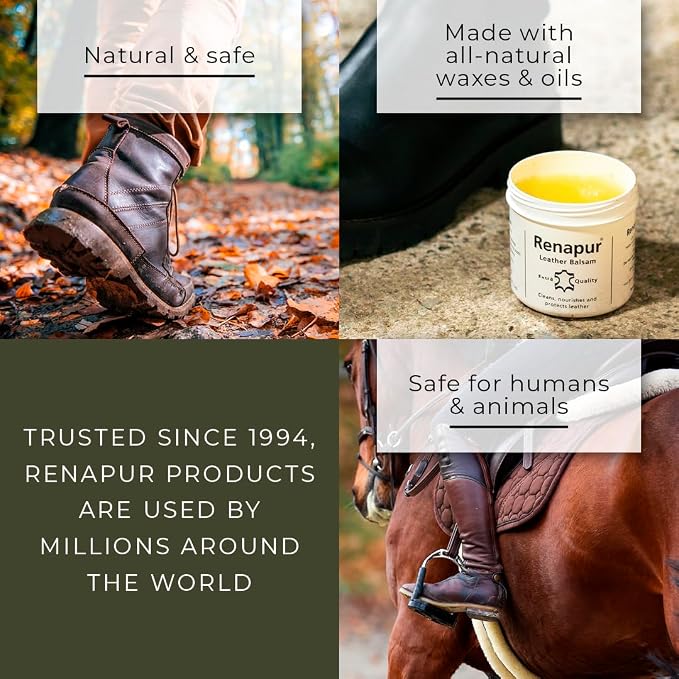 Renapur Leather Balsam, Natural Conditioner, Protector and Restorer — for Leather Furniture, footwear, Purses & Bags, Car interiors & Bikes, Saddlery & Tack. (6.7 fl oz + Applicator Sponge)