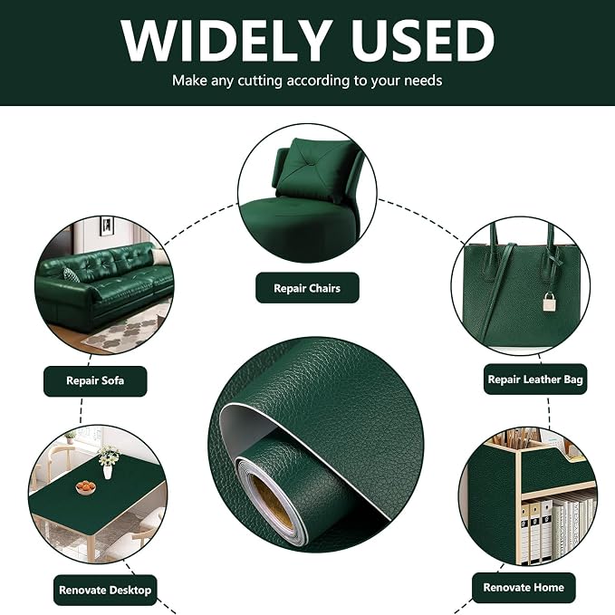 Leather Repair Patch 15.7x80 inch Large Self-Adhesive Leather Repair Tape Vinyl Leather Repair Kit for Sofa Car Seats Chairs Shoes Bags Damaged Leather Furniture (Green)