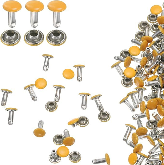 HARFINGTON 100 Sets Double Cap Leather Rivets, 6x8mm Round Cap Tubular Metal Studs Leather Crafting Rivets for Fabric Belt Pet Collar Boot Bag Repair and Decoration, Yellow