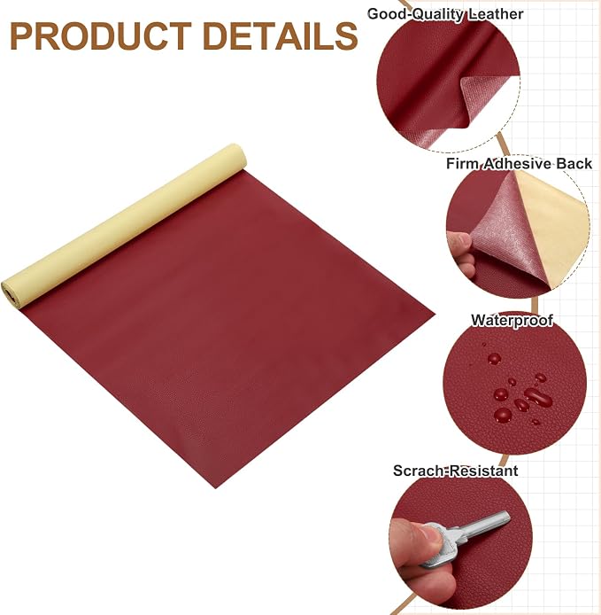 MECCANIXITY Leather Repair Patch 14"x54" Self-Adhesive Leather Vinyl Repair Tape Kit for Furniture Couches Sofa Chair Car Boat Seats Jackets, Wine Red
