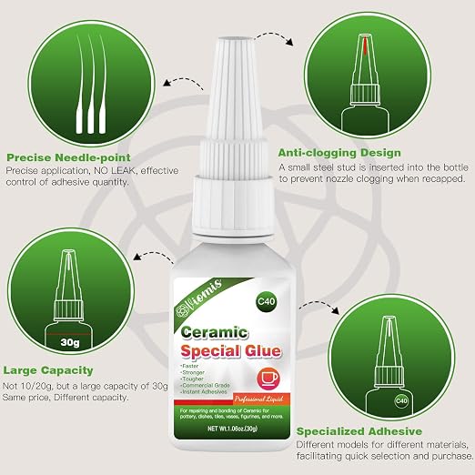 30g Ceramic Glue, Instant Ceramic Super Glue for Porcelain and Pottery Repair, Fast Drying | Heat Resistant | Waterproof Strong Adhesive for Bonding Ceramic, Dishes, Tiles, DIY Crafts