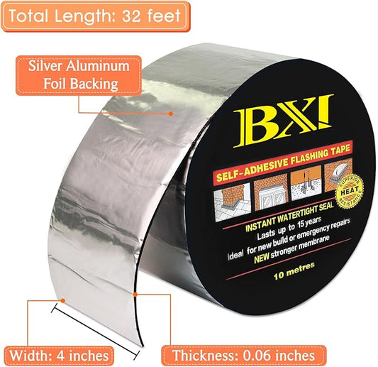 BXI Flashing Roll Tape Membrane, 4 inches X 32 Feet Thick Waterproof Patch Seal Tape, Self-Adhesive SBS Modified Rubberized Asphalt, Deck Seam Joist Leak Sealant for Roof Window Gutter Repair Outdoor