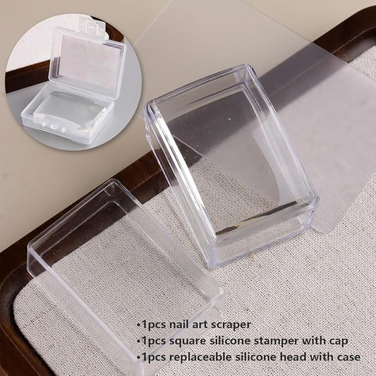 French Tip Nail Stamper, Clear Silicone French Tip Tool with Nail Scraper Alcohol-Washable Soft Jelly Stamp Head Manicure Guide for Gel Polish Printing Design Home Salon Nail Art Supplies