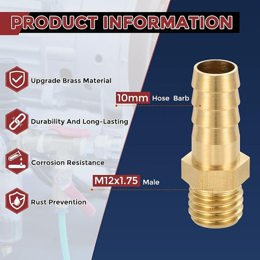 Pack of 10 Brass Hose Barb Fittings 10mm Hose Barb to M12x1.75 Male Fittings for Home Machines, Massage Bathtubs, and Irrigation Systems