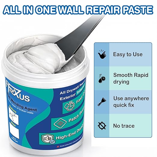 Drywall Repair Kit – 4.23 oz Tube + 8.47 oz Putty Jar with 2×2″&4×4″ Wall Patch Mesh, Dual Scrapers & 2 Sandpapers| Fast-Dry Spackle & Sheetrock Crack Filler for Wall, Ceiling, Plaster Repair