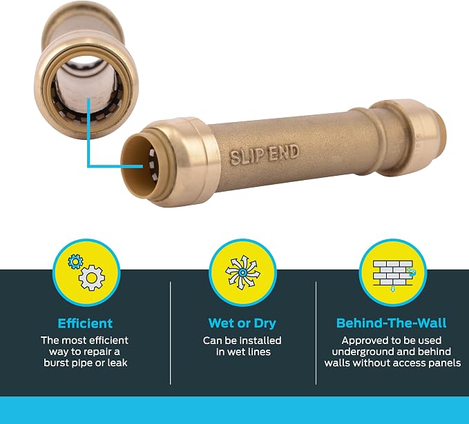 SharkBite 1/2 Inch Slip Coupling, Pack of 3, Push to Connect Brass Plumbing Fitting, PEX Pipe, Copper, CPVC, PE-RT, HDPE, U3008LF