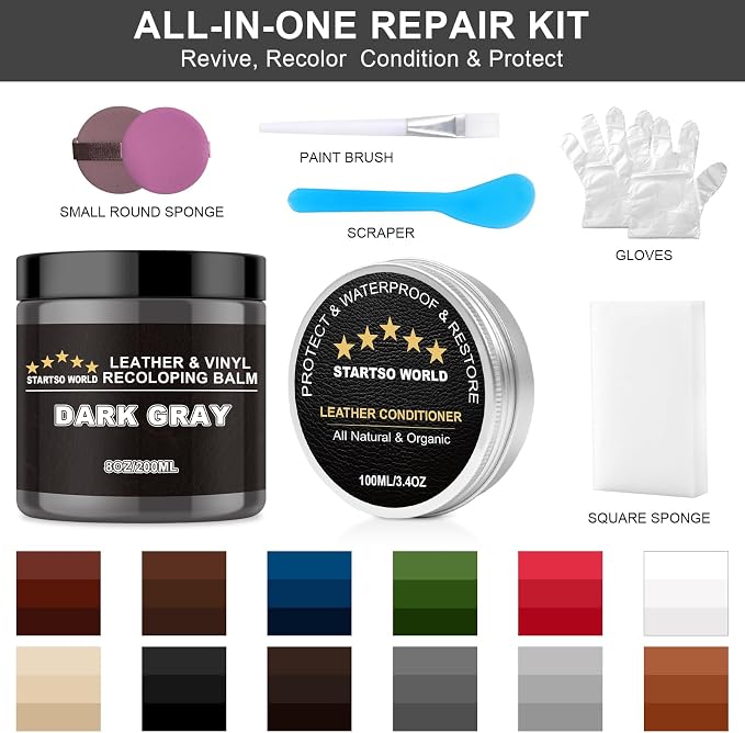 STARTSO WORLD 200Ml Leather Recoloring Balm with 100ML Leather Conditioner,Dark Gray Leather Repair Kit for Furniture, Leather Dye, Leather Scratch Repair, Leather Couch Paint