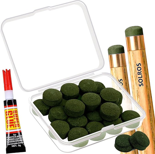Billiard Pool Cue Tips - Pool Cue Stick Tips Replacement Repair Kit Billiard Cue Tips with Storage Box for Pool Table Cues Stick Tips Head and Leather Snooker Stick - SOLROS