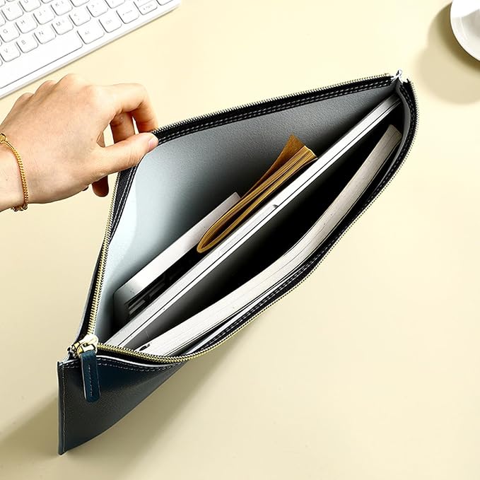 PU Leather A4 File Folder Zipper Document Holder Envelope Folder Case for Receipt Contract (Blue)