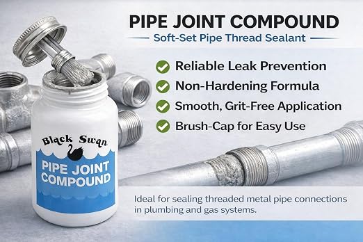 Black Swan Pipe Joint Compound -Soft-Set Pipe Thread Sealant – Non-Hardening - Reliable Leak Prevention - Drip-Resistant – 1/4 Pint with Brush Cap