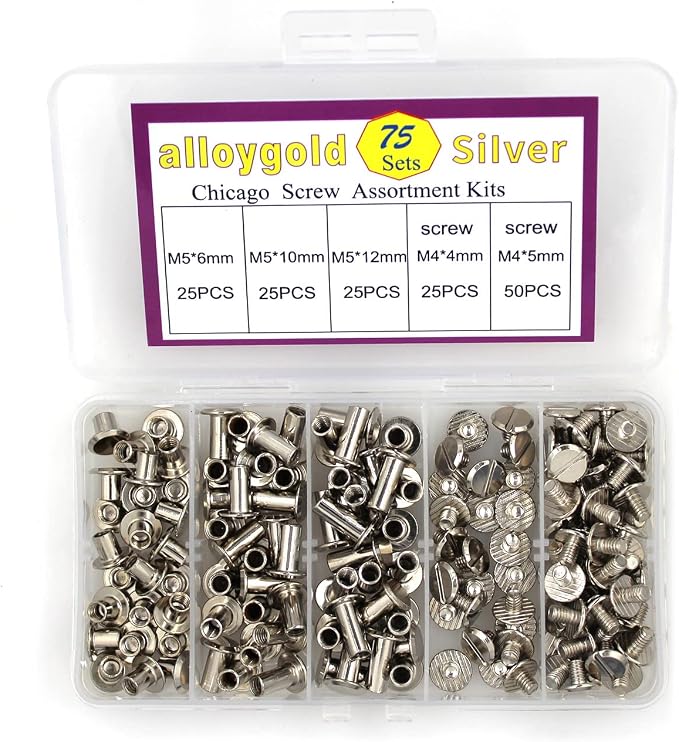 ALLOYGOLD 75 Sets Silver Chicago Screws 1/4 3/8 1/2 Leather Assorted Kit ，3 Sizes of Screw Rivets for Leather Rivet for DIY Belt Craft and Bookbinding (M5 X 6, 10, 12)