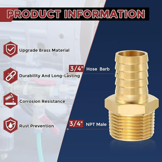 Pack of 4 Brass Hose Barb Fittings 3/4" Hose Barb to 3/4" NPT Male Fittings