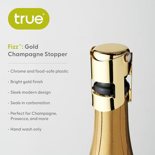 True Fizz Champagne Stoppers for Bottles, Sparkling Wine Stopper, Wine Accessories Kitchen Accessory, Gold Set of 1