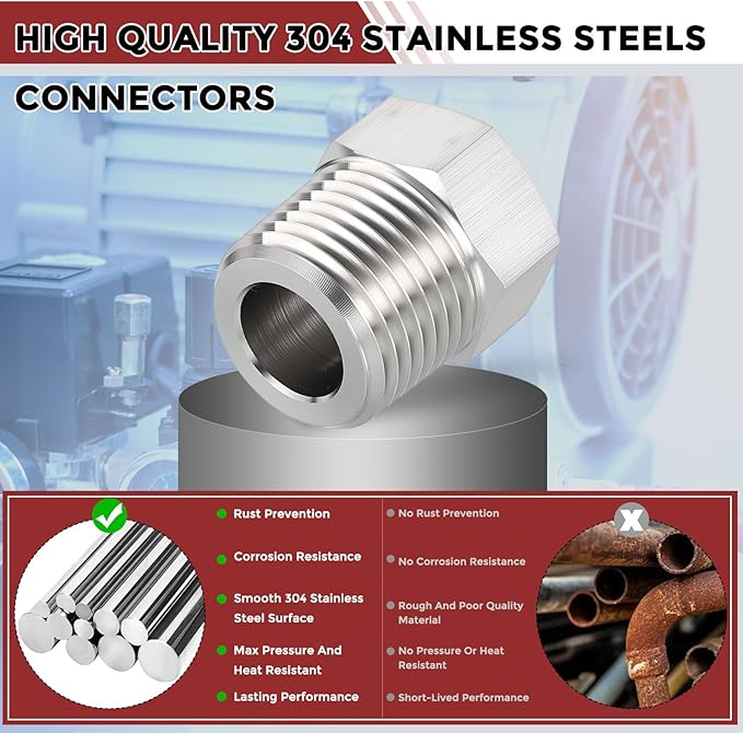 Pack of 2, 1/2" Male G to 3/8" FeMale NPT Solid 304 Stainless Steel Hex Bushing, Hose Fittings Adapter Reducer for Pipe Leak Repair, Bathroom Remodeling, Tool Extensions