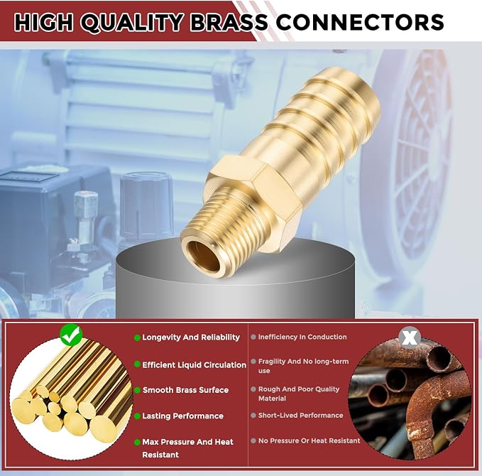 Pack of 2 Brass Hose Barb Fittings Adapter Connector 1/2" Hose Barb to 1/8" NPT Male Fittings for Home Machines, Massage Bathtubs, and Irrigation Systems