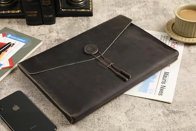 Genuine Leather Envelope Document Holder， Leather File Folder Organizer，Envelope Document Holder, Personalized Folio Laptop Sleeve Case for 14" Laptops