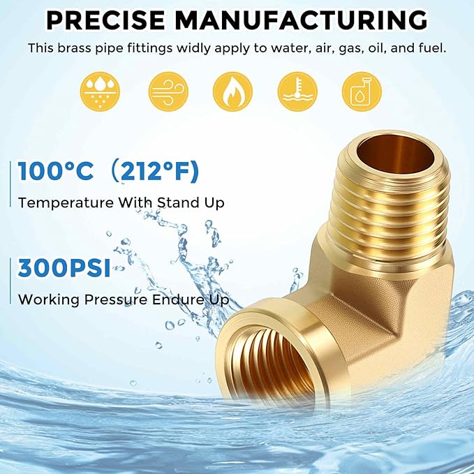 Pack of 5, 90° 1/4" FeMale NPT to 1/4" Male NPT Solid Brass Barstock Street Elbow, Forged Pipe Fitting for Pipe Leak Repair, Bathroom Remodeling, Tool Extension, Compression