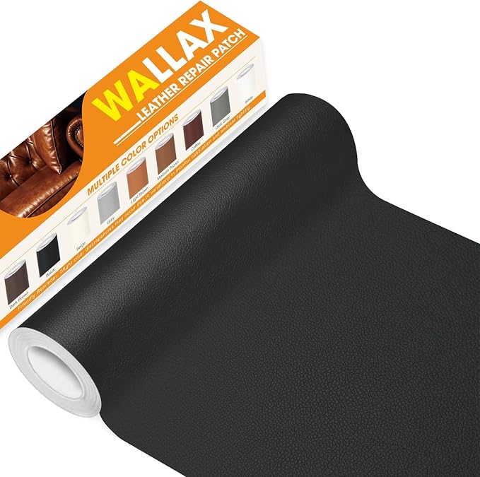 WALLAX Leather Repair Patch, 16 x 158 Inches Self Adhesive Leather Repair Tape for Furniture, Couch, Sofa, Car Seats, Office Chair, Car Interior, Upholstery, Vinyl Repair Kit (Black)
