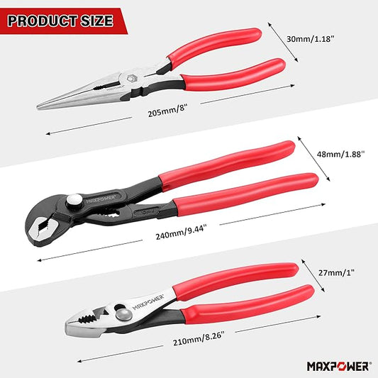 MAXPOWER 3-Piece Pliers Set, 10" Water Pump Pliers, 8" Slip Joint Plier, 8" Long Needle Nose, Adjustable Grip Tools for Repair, Home, and Workshop Use
