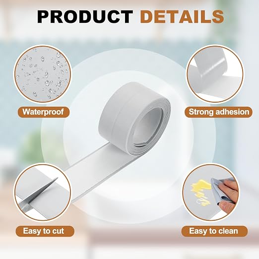 uxcell Caulk Tape Waterproof, 0.83 Inch x 3.28 ft Self-Adhesive Sealant Sealing Strip Caulking Sealant Tape PVC with Tool for Kitchen Sink Toilet Bathroom Bathtub Floor, Gray