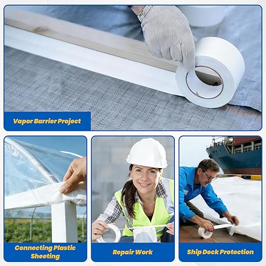 1 Roll Vapor Barrier Tape, White Moisture Barrier Tape for Crawl Spaces, Polyethylene Tape for Underlayment, Waterproof Seam Tape for Insulation, Plastic Liners (4" x 180 ft Each Roll)