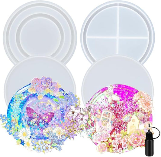 Resin Shaker Molds Set Large Round and Ring Coaster Pack of 3 Epoxy Silicone Trays Precision Tip Applicator Bottle Kit Bundle