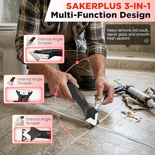 Sakerplus 3-in-1 Silicone Caulking Tools,Caulk Remover Tool and Caulk Finishing Tool Kit with Silicone Smoother,Nozzle Needle for Kitchen Bathroom Window Sink (Classic with Scraper)