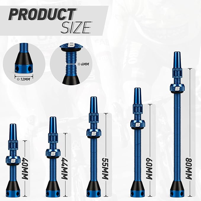 BWSHLF Tubeless Presta Valve Stem 40/44/55/60/65/70/80/100 mm, Super Light Alloy Presta Valve Stem Kit with Valve Core Remover Tool and Valve Stem Caps - Multiple Color and Size Options(Pair)