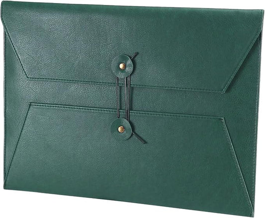 Leather File Folder for Documents,Important Document Folder with String Tie,Laptop Sleeve Notebook Case,Leather File Organizer,A4 Envelopes Filing Folder (Horizontal, Green)