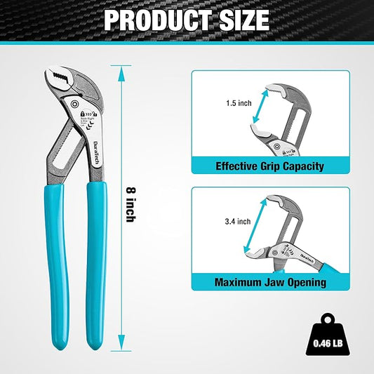DURATECH 8-Inch Water Pump Pliers, Quick-Adjust Groove Joint Pliers, Tongue and Groove Plier with Slide-to-Unlock Mechanism, V-Jaw Design, CR-V Steel, for Plumbing, Automotive and Household Repairs