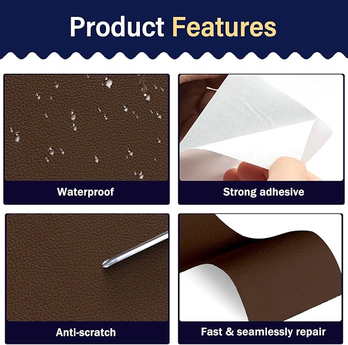 Zenyao Leather Repair Patch Tape - Self Adhesive Leather Repair Kit for Car Seat Furniture, Heavy Duty Vinyl Repair Patch for Couch Sofa, Waterproof Fix for Tears, 8x11 Inch Sheet, 2 Pieces, Brown
