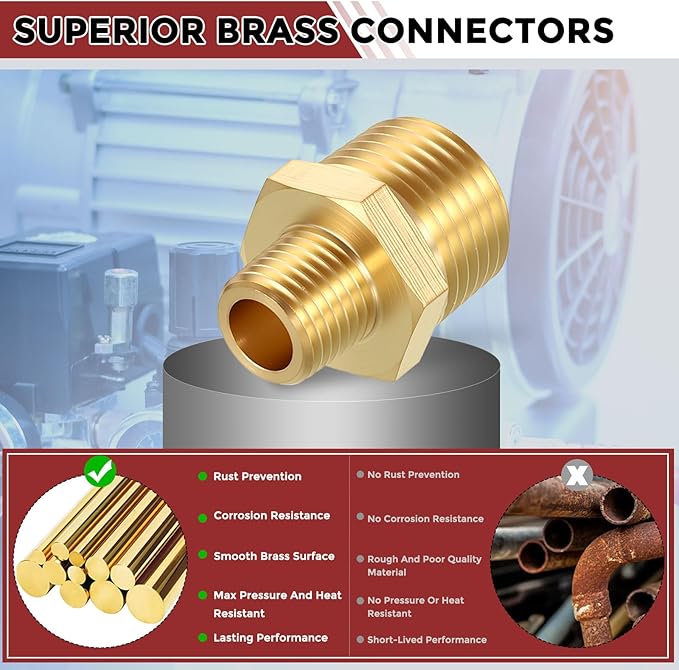 Pack of 4, 1/2" MNPT to 1/4" MNPT Solid Brass Hex Nipple Hose Connectors, Male Pipe Adapter for Pipe Leak Repair, Bathroom Remodeling, Tool Extensions, Compression