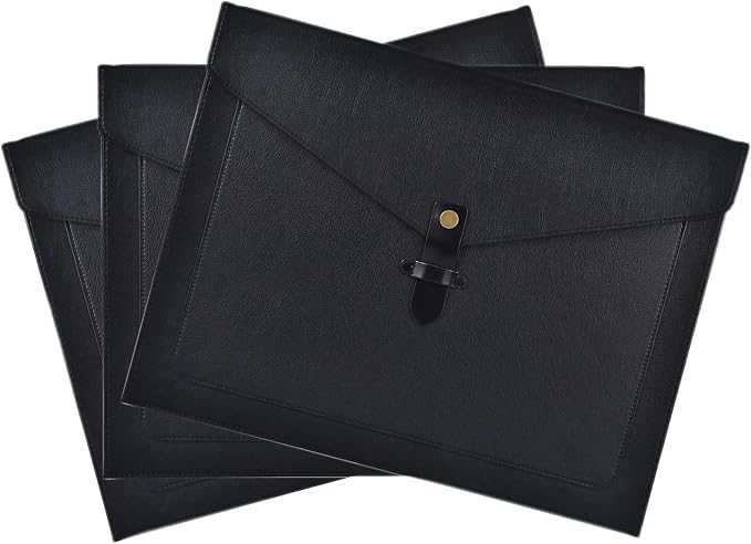 Black PU Leather File Folder, Snap Closure File Organizer, Important Document Folder with Pockets, Document Organizer, Laptop Sleeve Notebook Case, A4 Envelopes Filing Folder 3PCS
