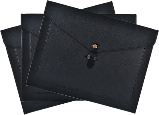 Black PU Leather File Folder, Snap Closure File Organizer, Important Document Folder with Pockets, Document Organizer, Laptop Sleeve Notebook Case, A4 Envelopes Filing Folder 3PCS